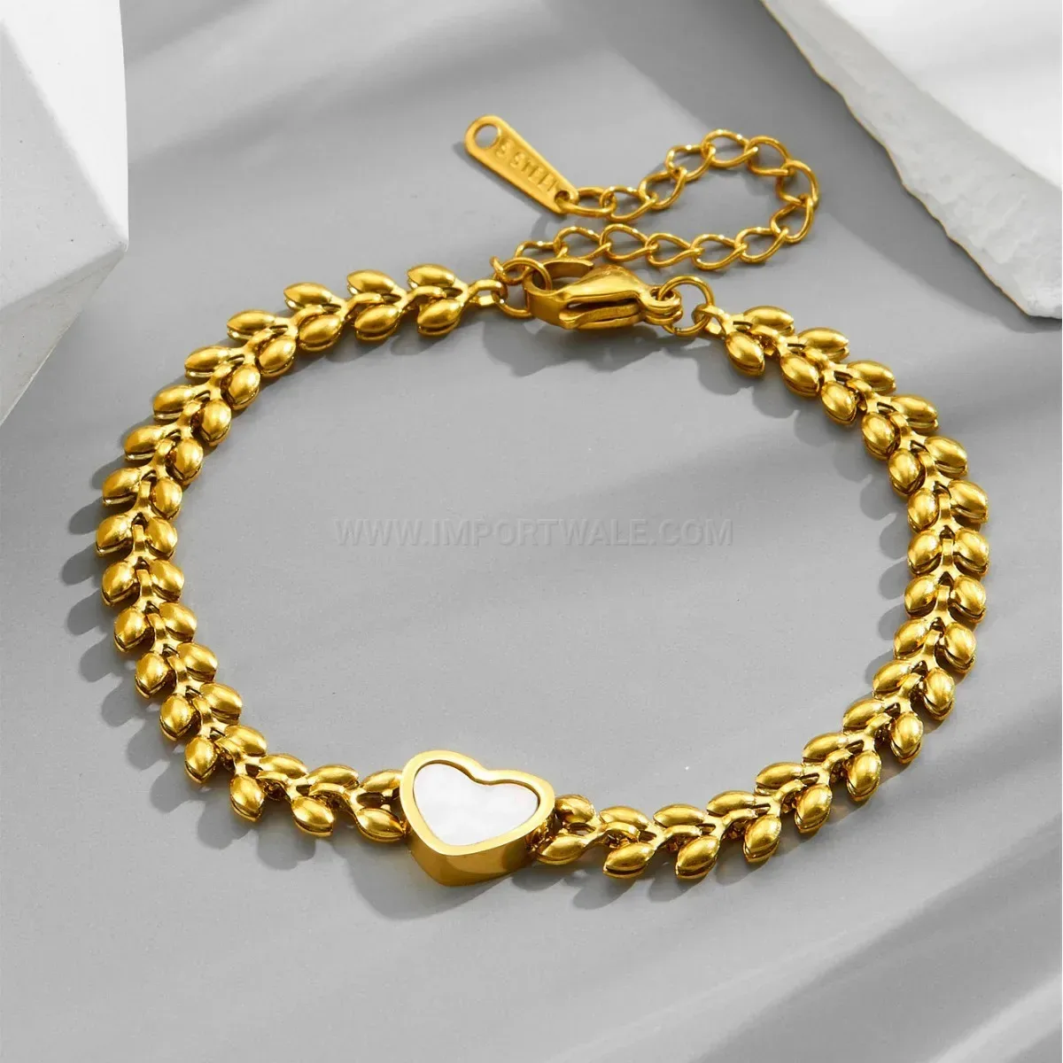 Gold Plated Titanium Steel Wheat Chain Heart Bracelet