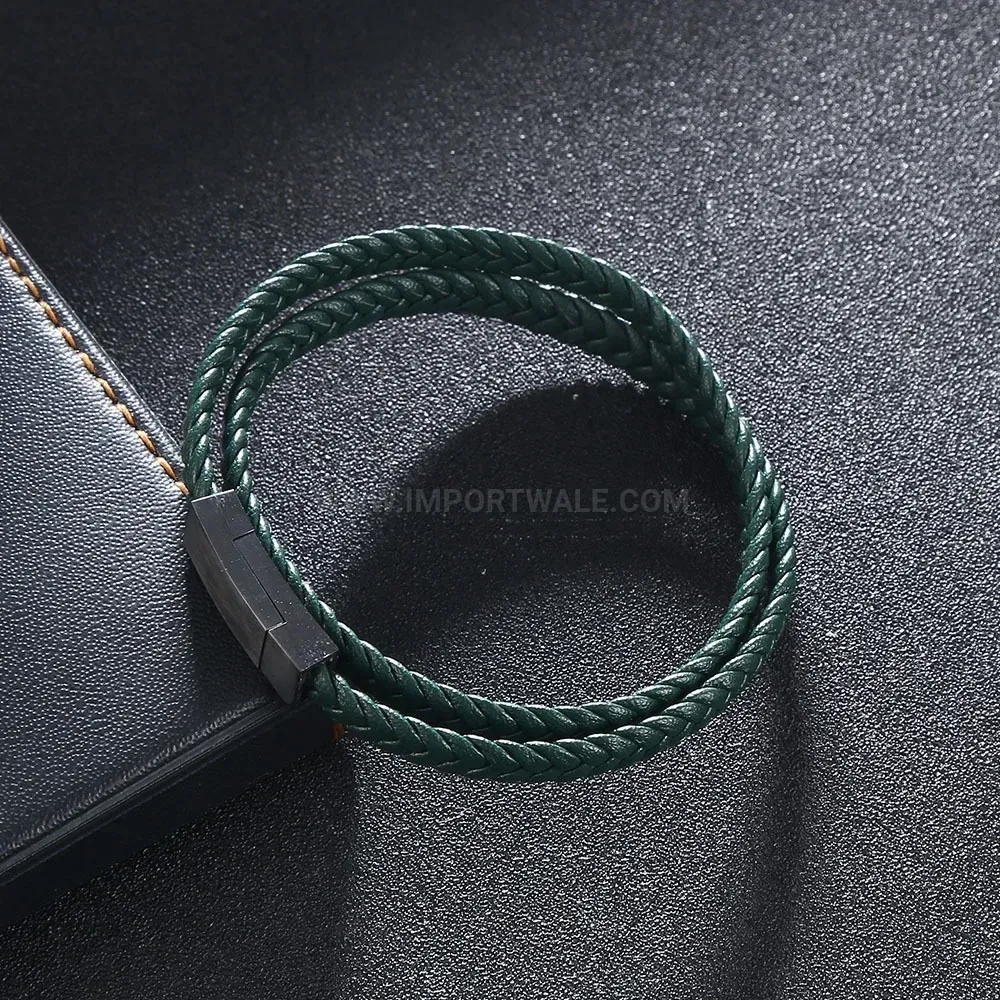 Double Wrap Braided Leather Bracelet with Black Stainless Steel