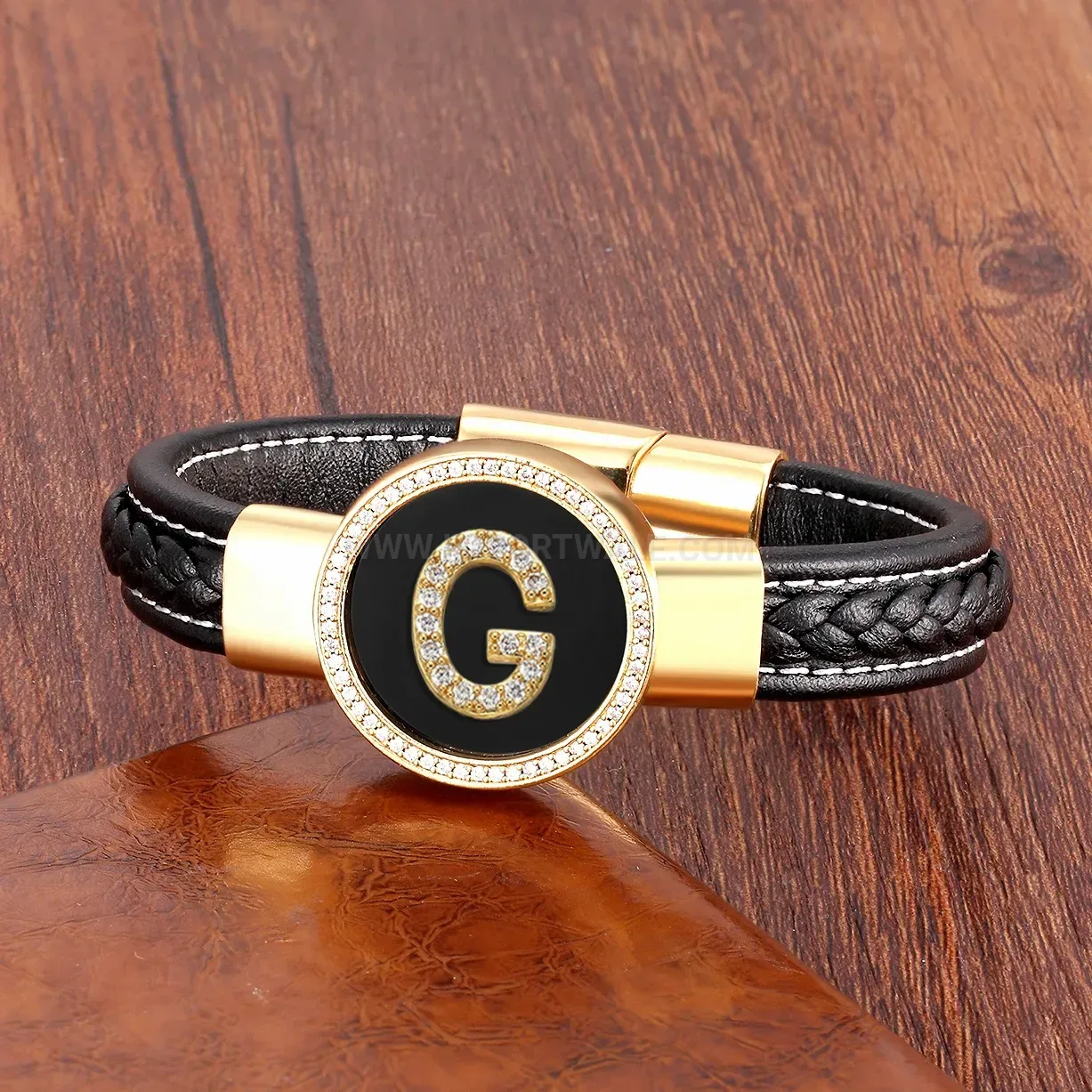 Braided Leather Stone Bracelet with Metal Letter Accent and Magnetic Clasp