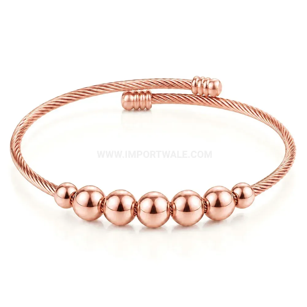 Trendy Flexible Stainless Steel Cable Cuff with Bead Ends