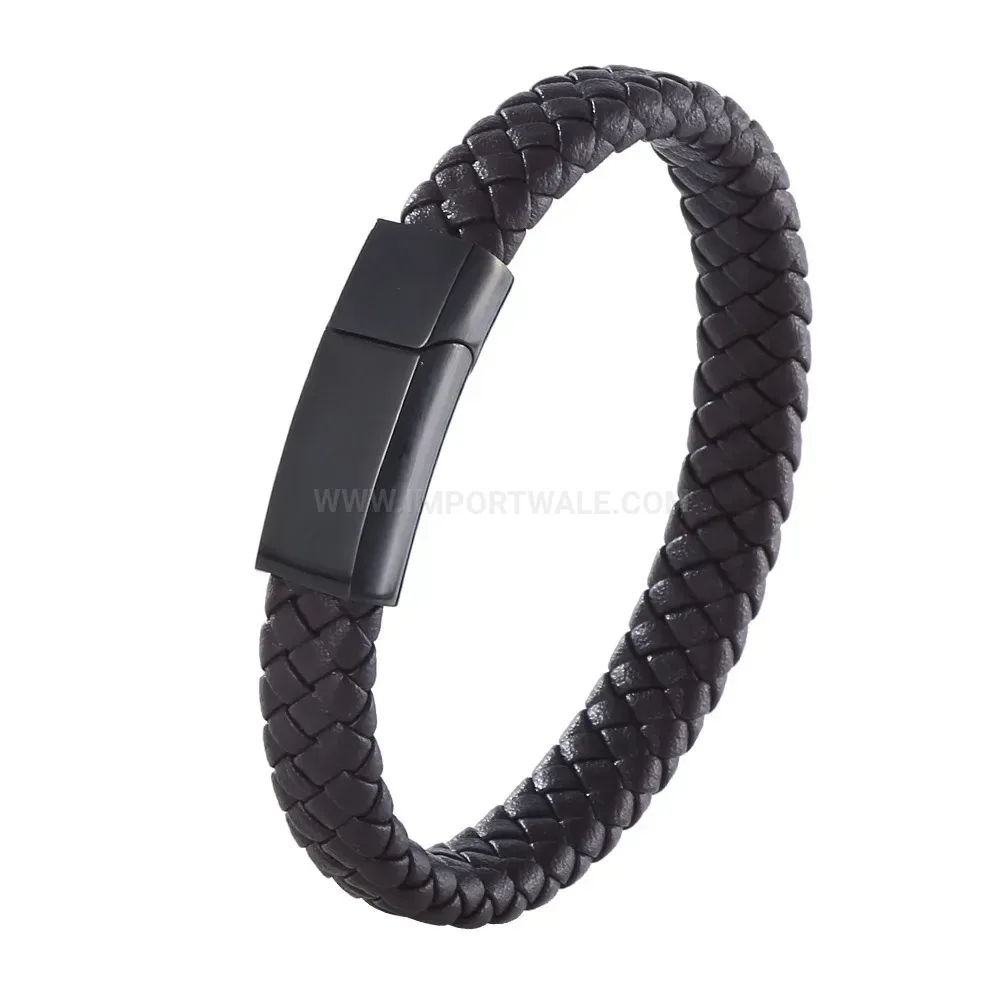 Braided Faux Leather Wristband with Stainless Steel Accent
