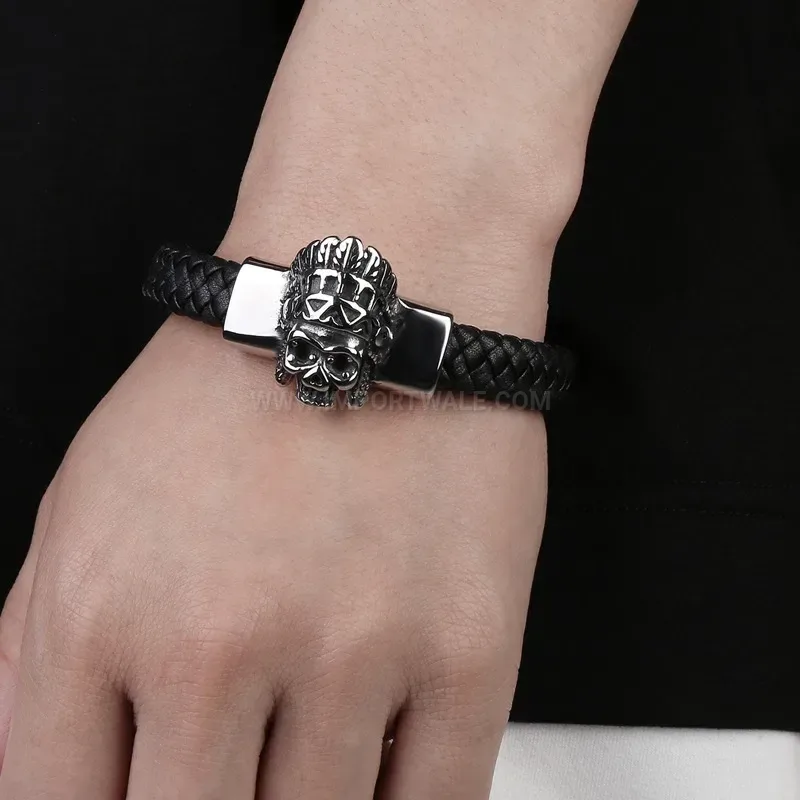 Premium Edgy Skull Stainless Steel Men Leather Cuff Bracelet