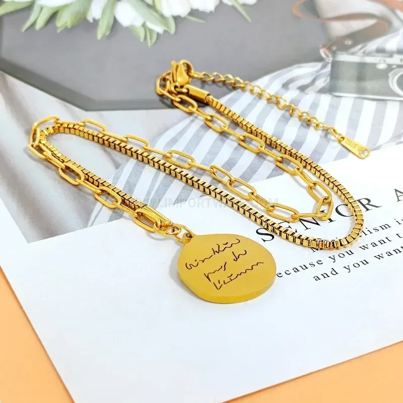 Bold Silver Pendant Irregular Round Disc Titanium Steel Chain Necklace