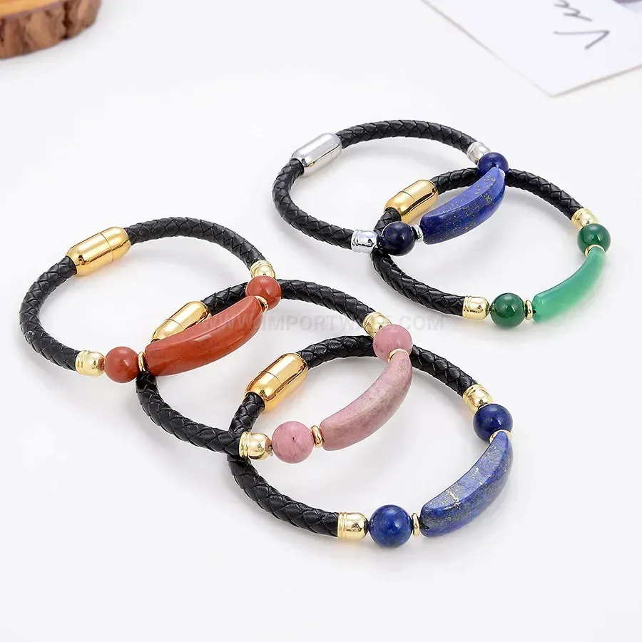Woven Leather Stone Bracelet with Magnetic Stainless Clasp