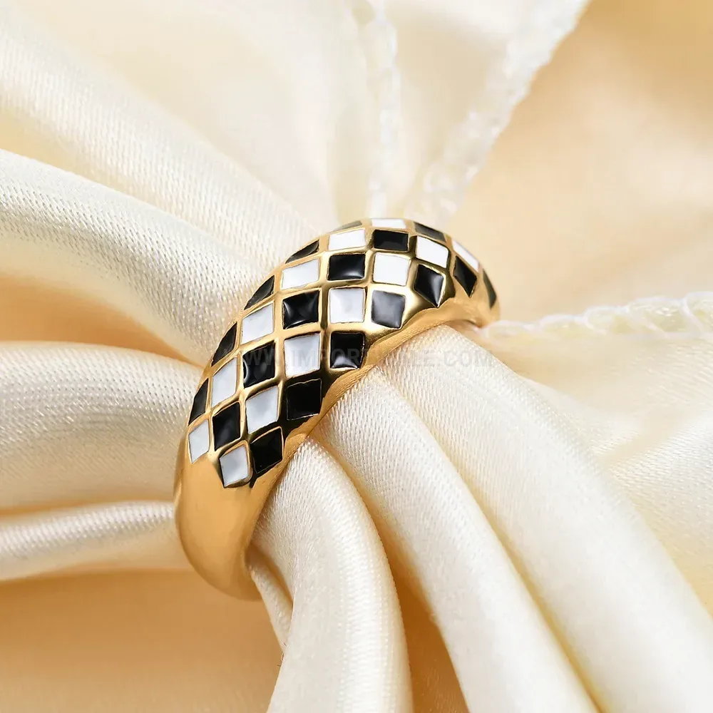Geometric Diamond Pattern Checkerboard Stainless Steel Ring