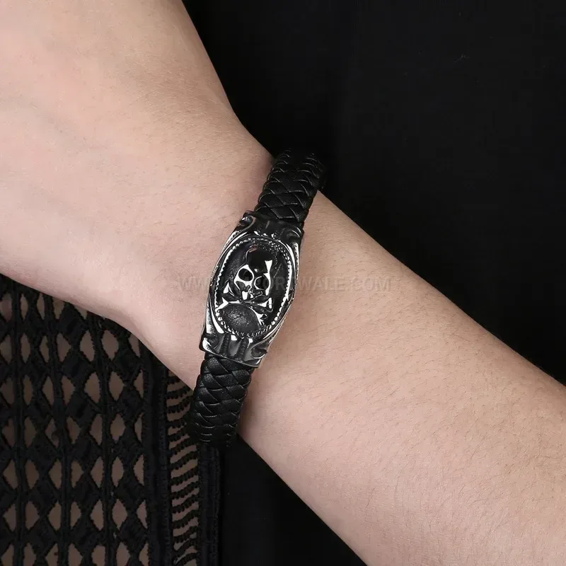 Designer Egyptian King Skull Stainless Steel Leather Bracelet