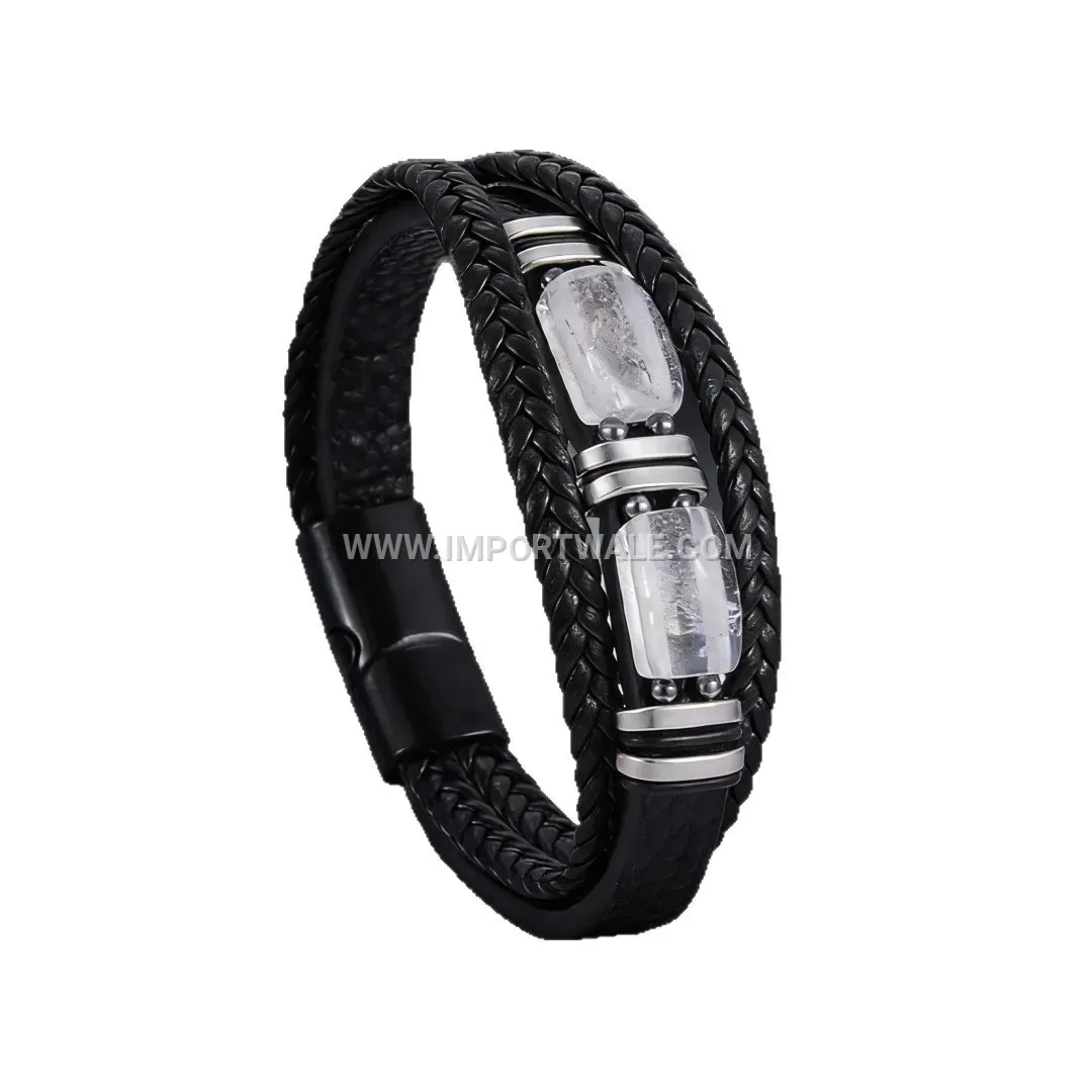 Natural Gemstone Stacked Leather Bracelet with Magnetic Clasp