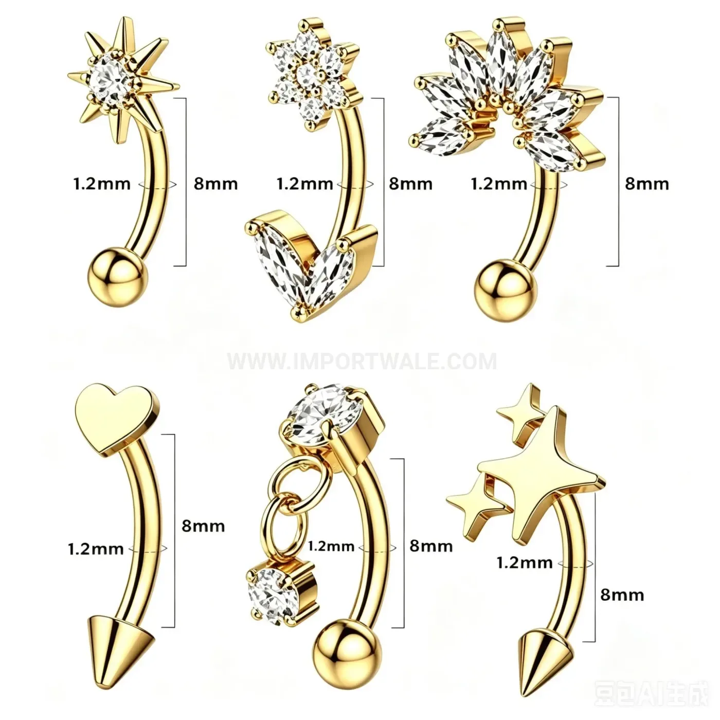Designer Zircon Star and Heart Curved Barbell Piercing Studs Set