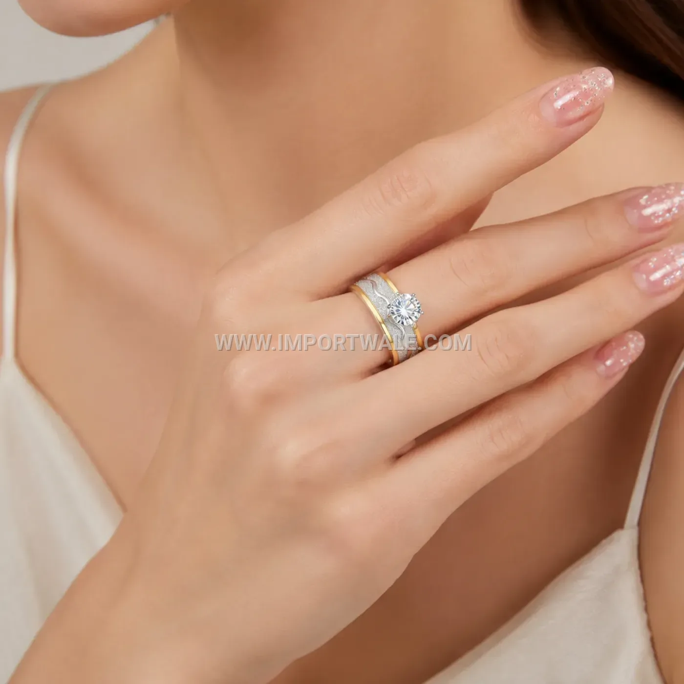 Two-Tone Frosted Stainless Steel Band Ring with Rhinestones