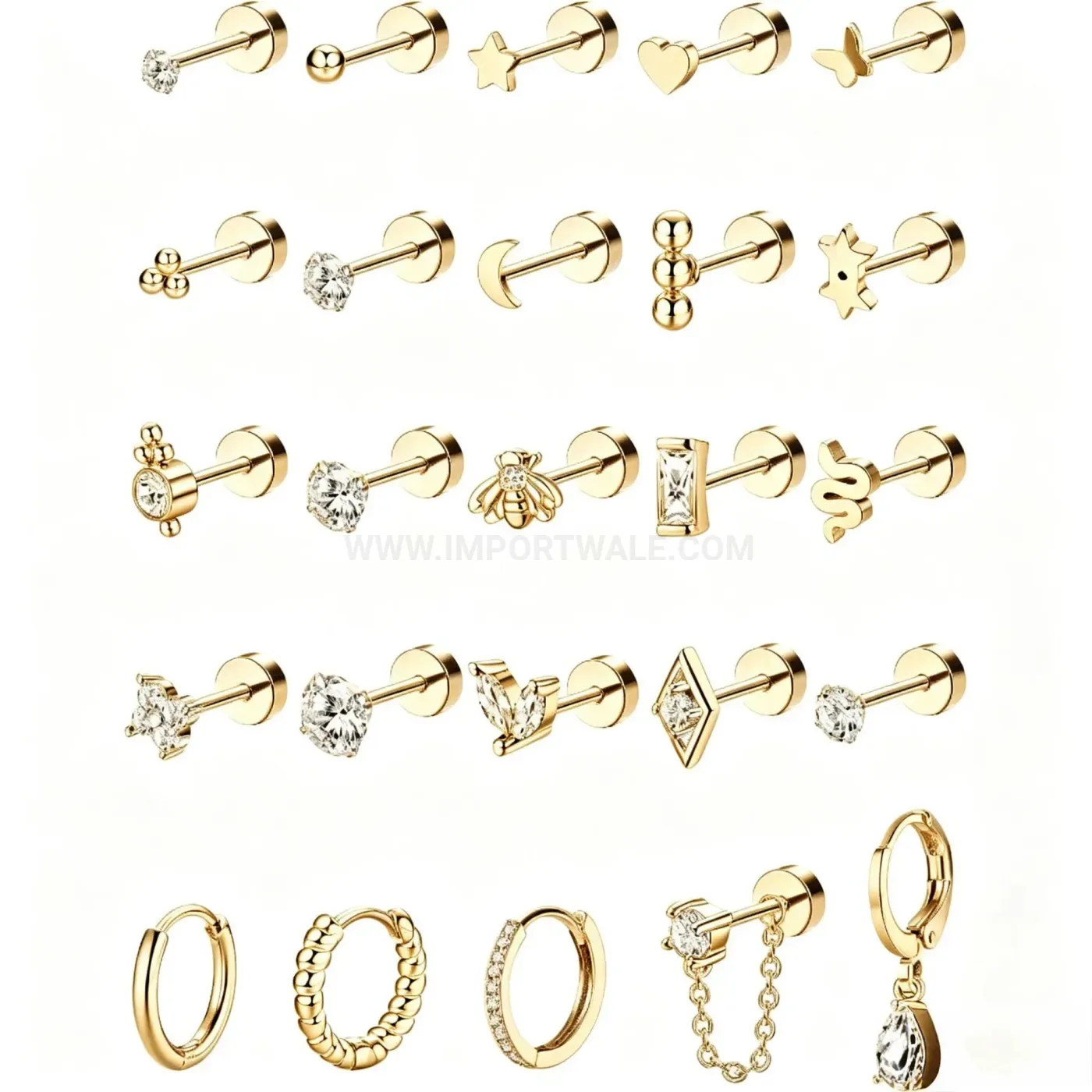 Premium Stainless Steel Rhinestone and Pearl Piercing Cartilage Stud Earring Set