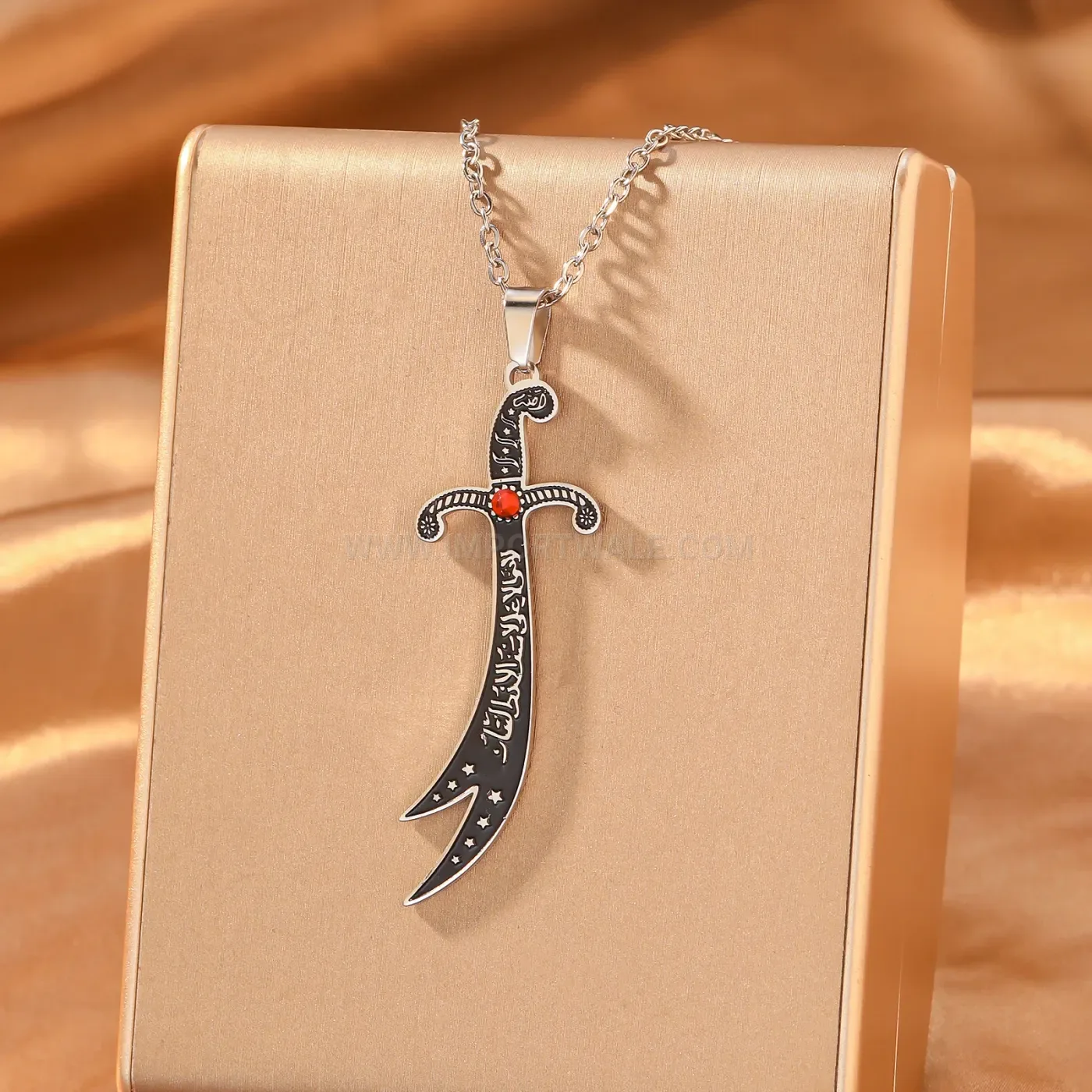 Stainless Steel Zulfiqar Sword Arabic Calligraphy Pendant Necklace