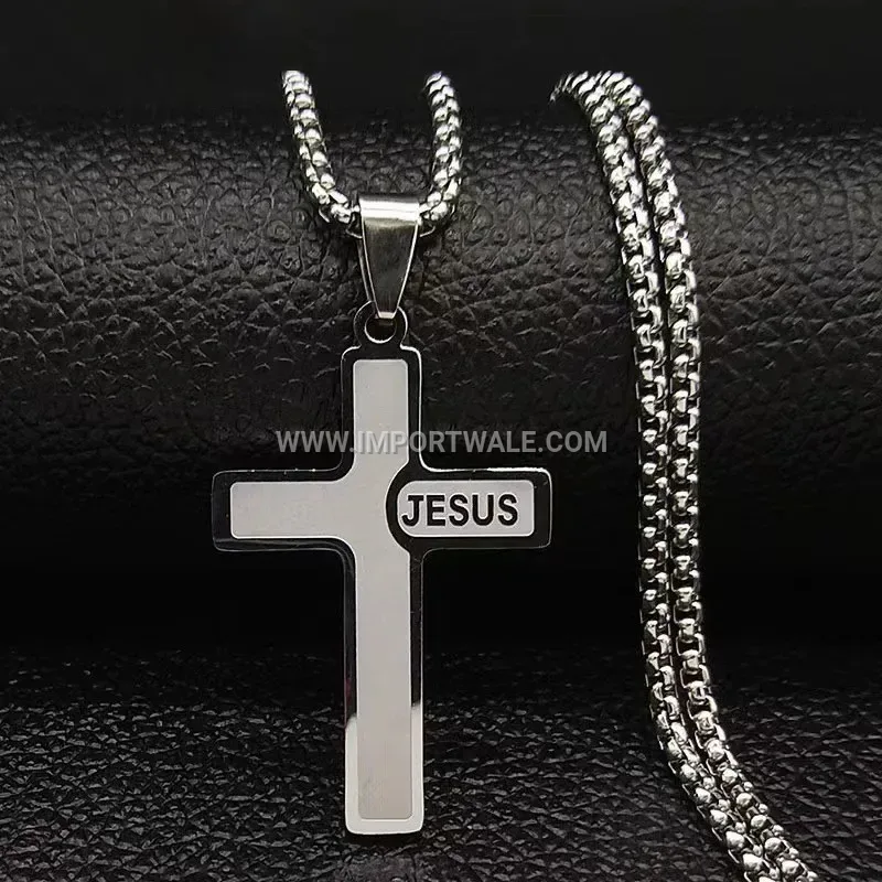 Titanium Steel Jesus Religious Cross Pendant Link Chain Necklace
