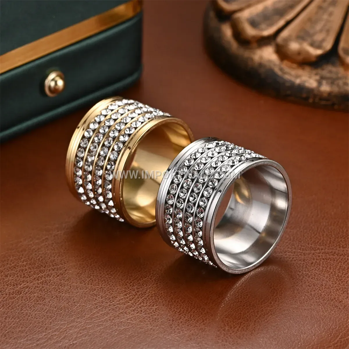 Four-Row Rhinestone Wide Stainless Steel Band Ring