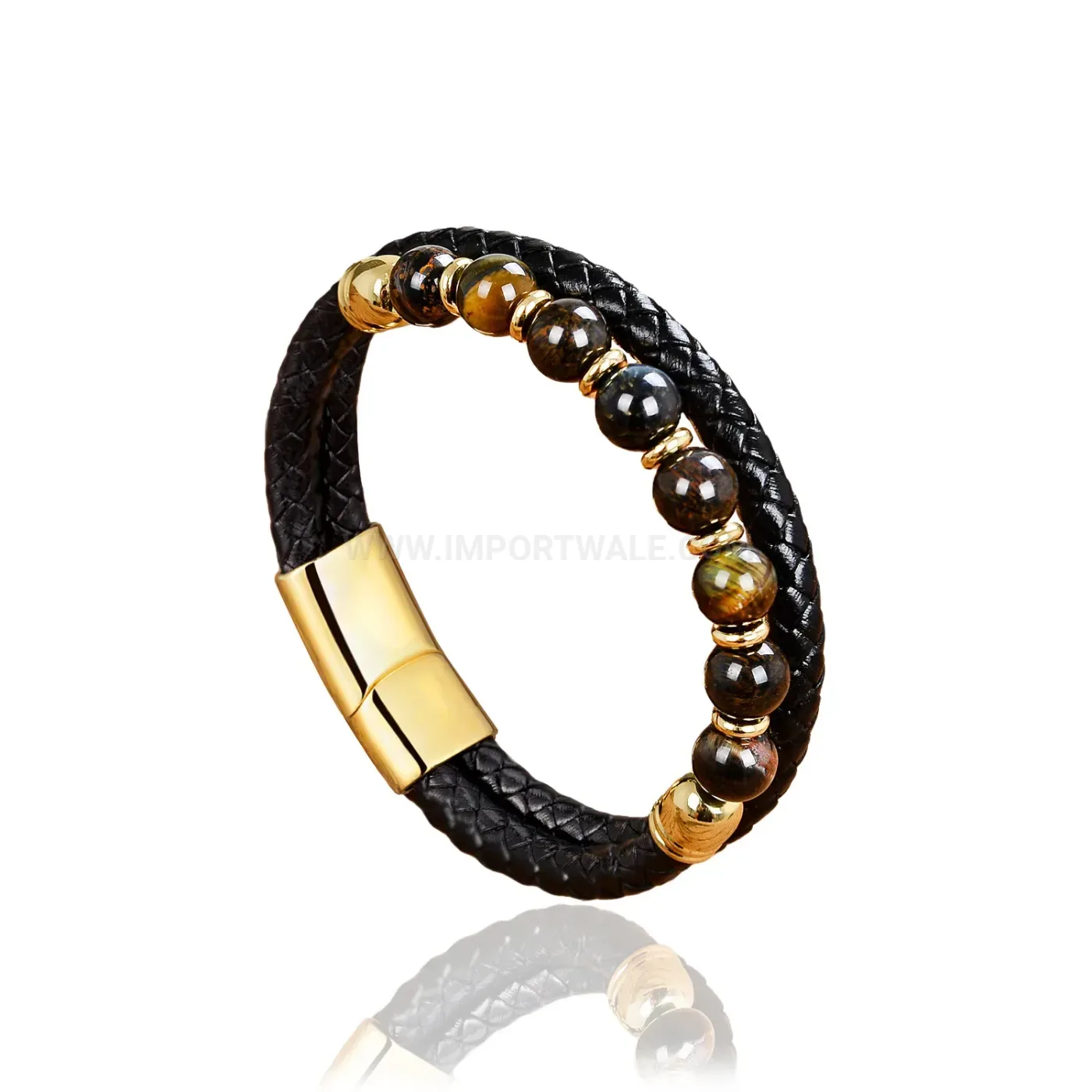 Double Layer Braided Leather Stone Bead Bracelet with Stainless Steel Clasp