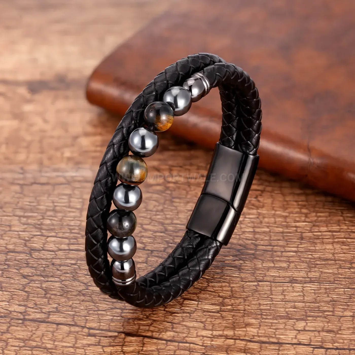 Beaded Stone Leather Combination Bracelet Stainless Steel Clasp