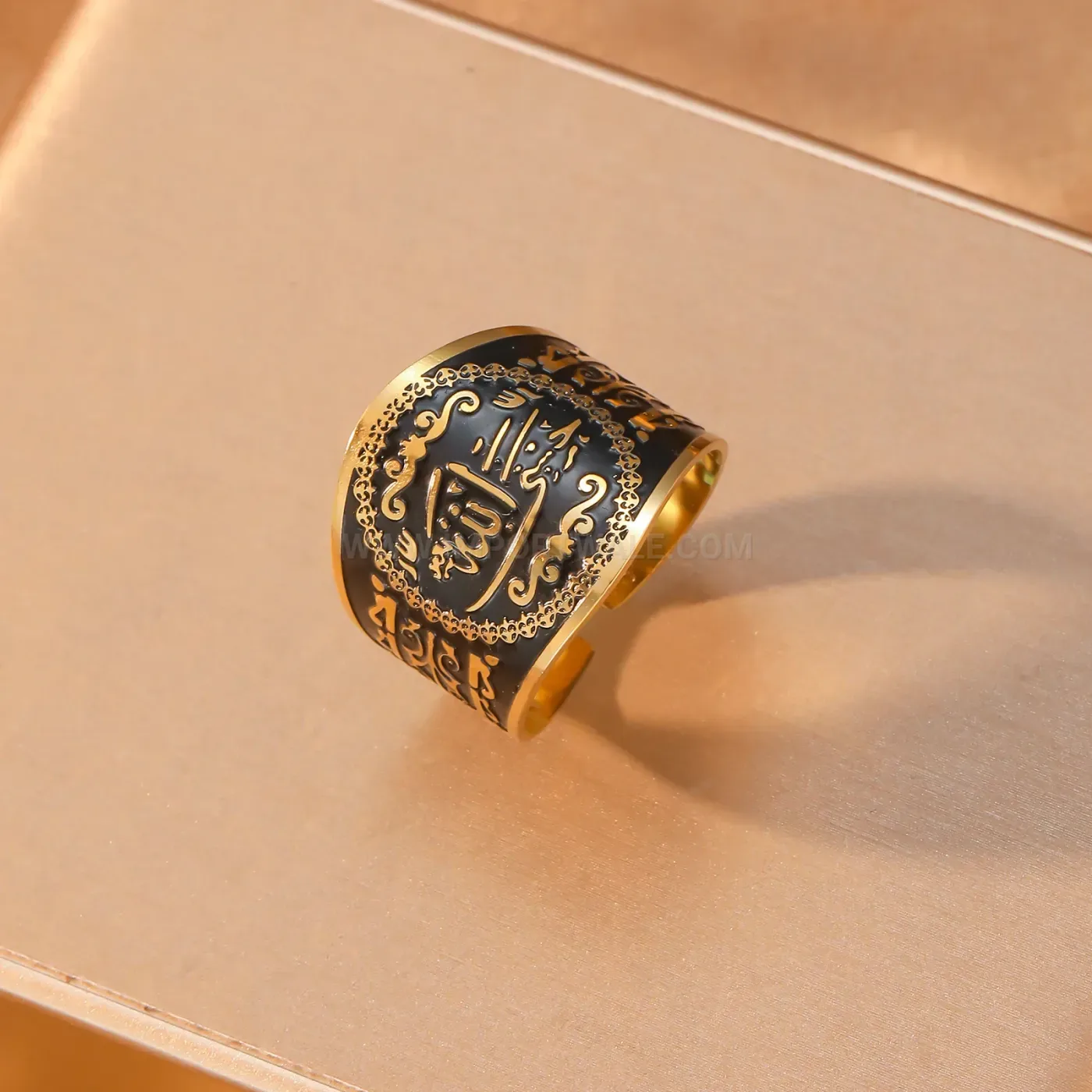 Classic Stainless Steel Wide Band Calligraphy Ring with Gold Finish