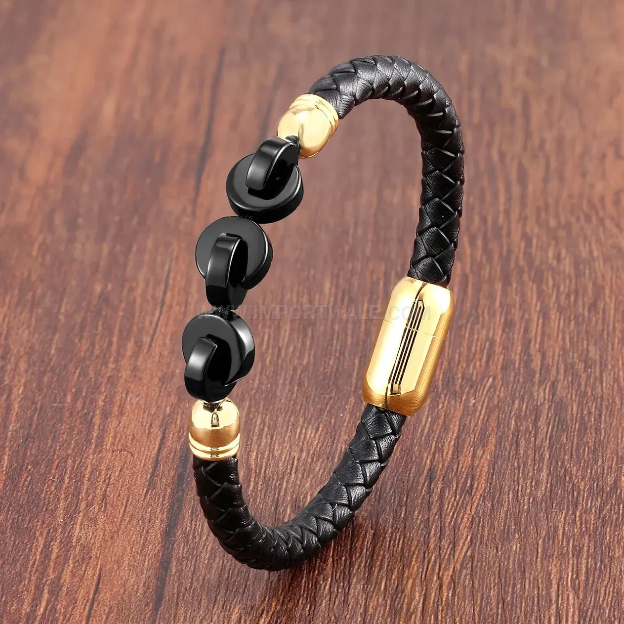 Braided Leather Stone Bracelet with Stainless Steel Clasp