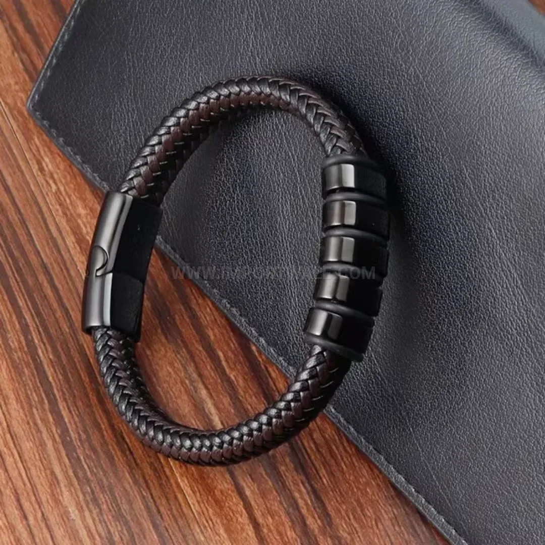 Classic Woven Leather Wristband Bracelet With Metal Accent