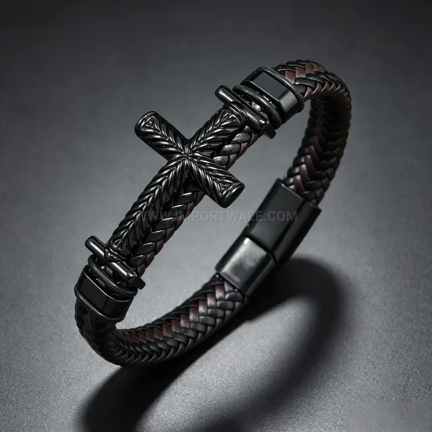 Fashion Braided PU Leather Cross Bracelet with Punk Magnetic Clasp