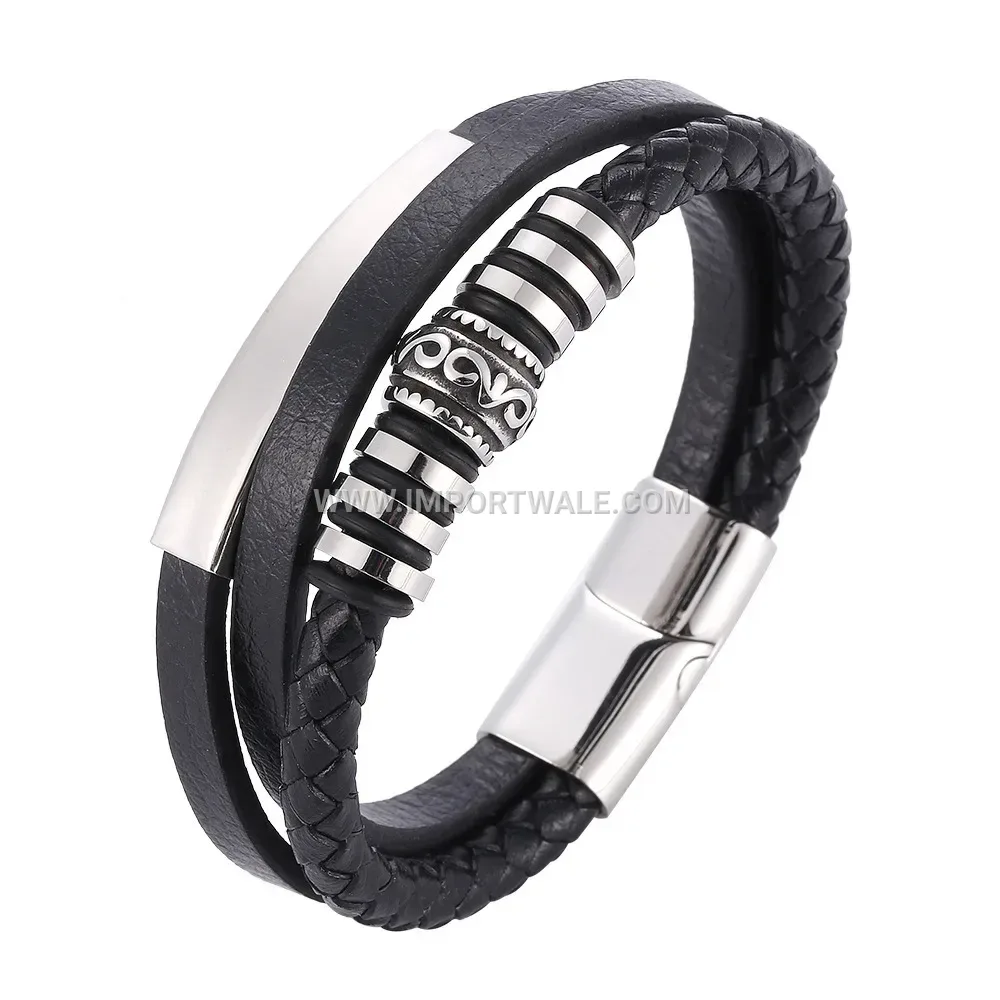 Multi Strand Woven Black Leather Wristband Stainless Steel Magnetic Buckle