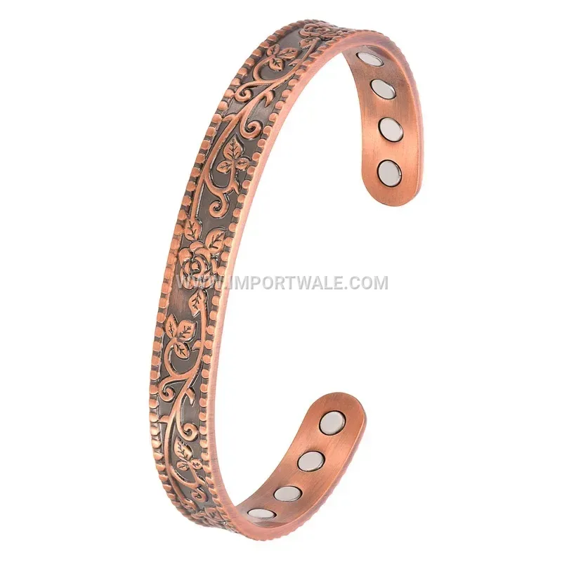 Antique Red Copper Floral Rose Motif Open Magnetic Cuff Bracelet