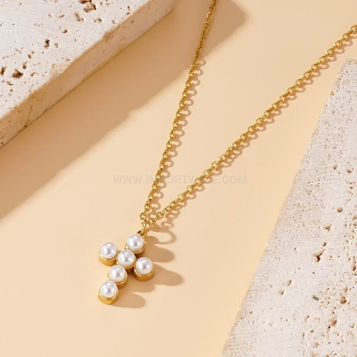 Designer Elegantly Crafted Gold Pearl Cross Pendant Titanium Necklace