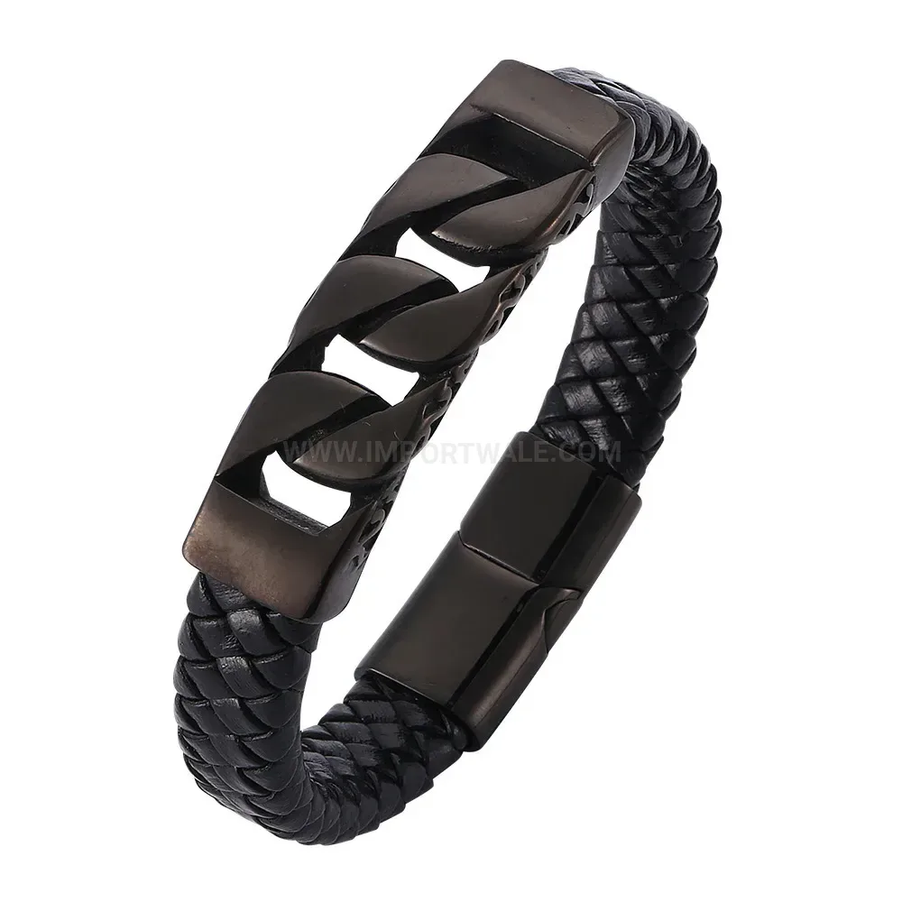 Stylish Woven Leather and Stainless Steel Magnetic Totem Cuff Bracelet