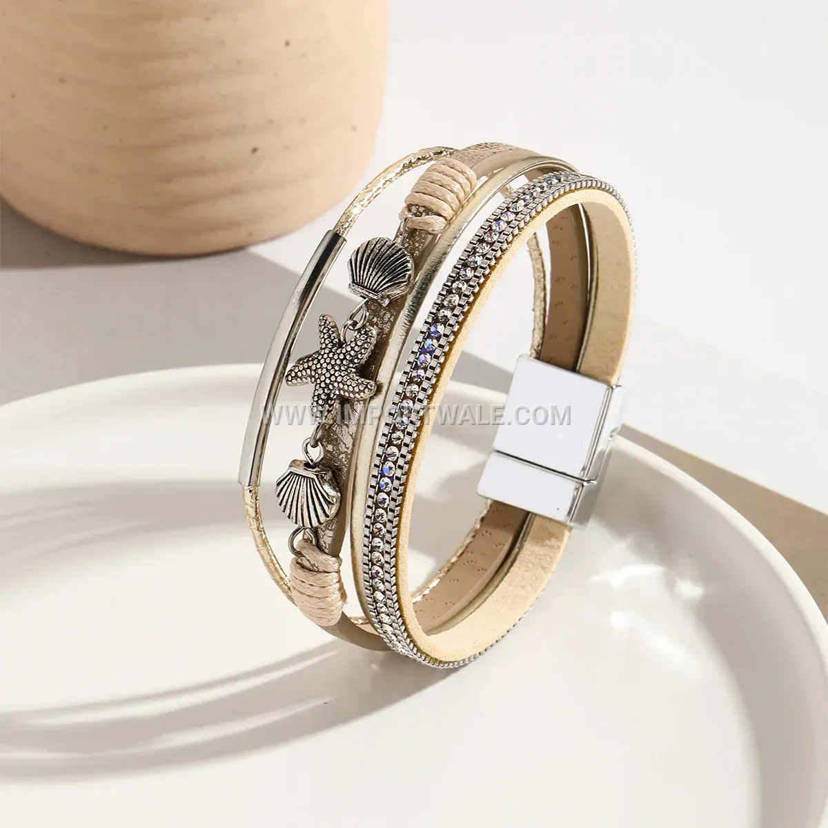 Handcrafted Starfish And Shell Woven Leather Bangle