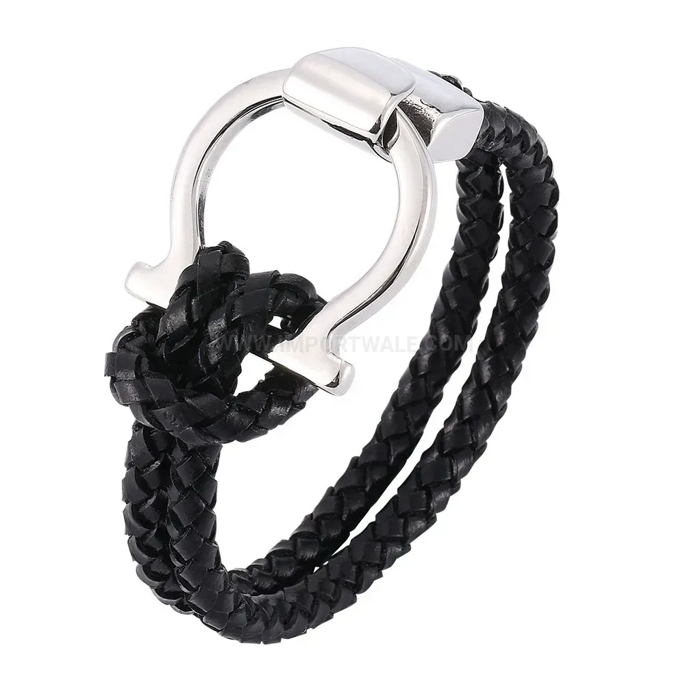 Braided Black Leather Wristband with Stainless Steel Clasp