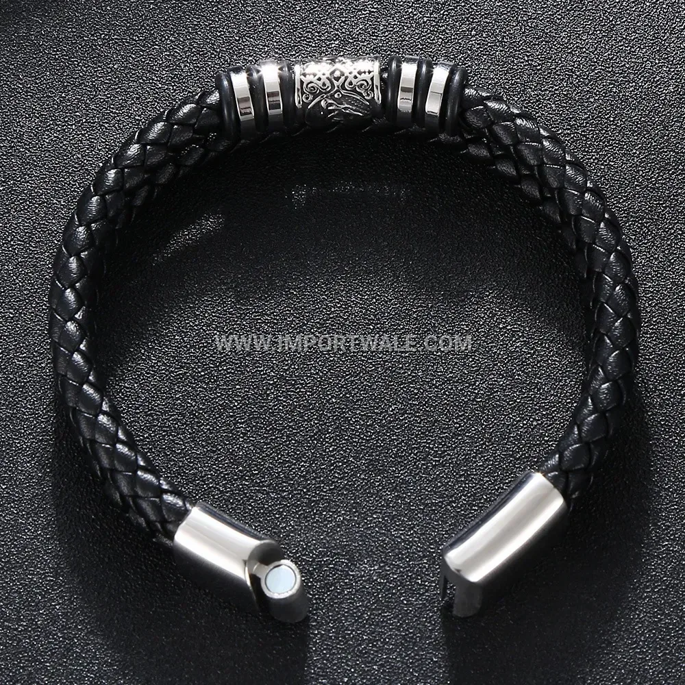Engraved Stainless Steel Motif Braided Leather Wristband