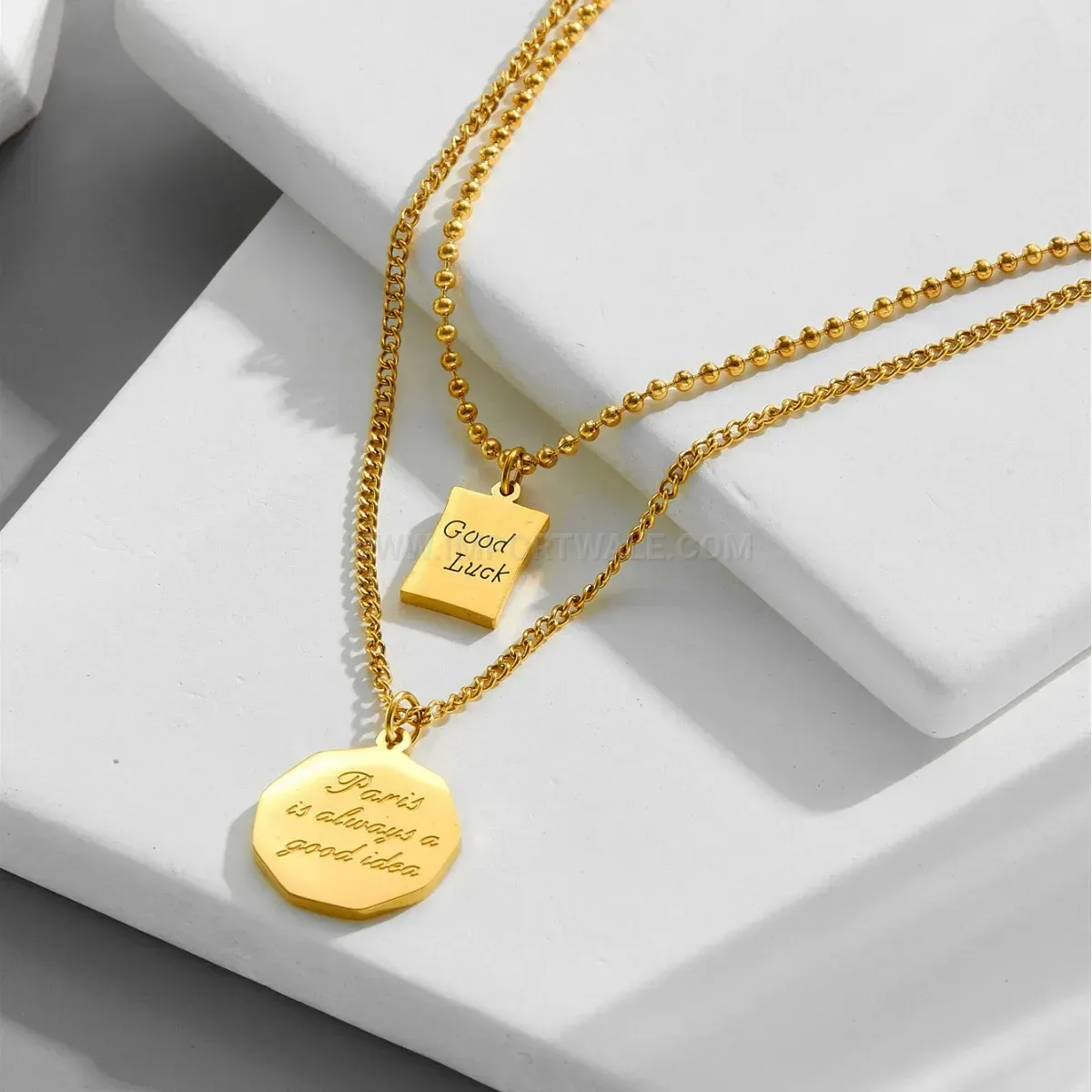 Classic Layered Titanium Steel Square Tag Engraved Pendant Necklace