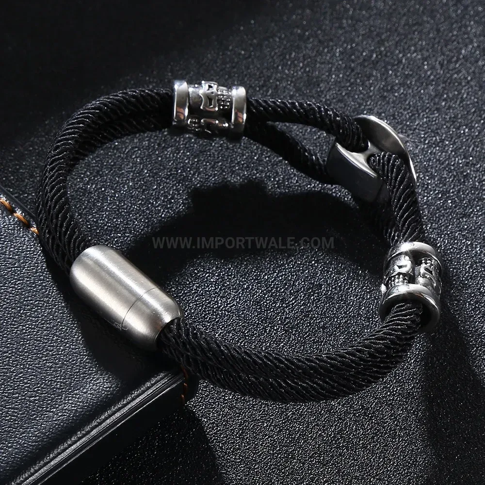 Men Dual-Layer Braided Leather and Stainless Steel Bracelet