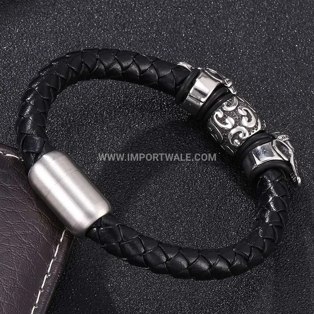 Retro Braided Leather Wristband with Stainless Steel Elephant Motif