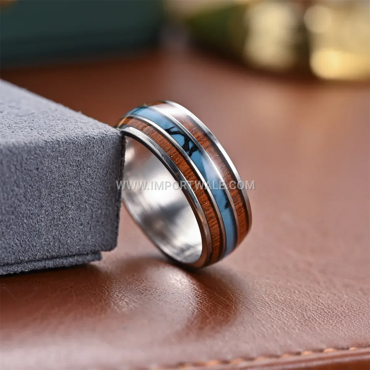 Turquoise and Acacia Wood Inlay Stainless Steel Ring