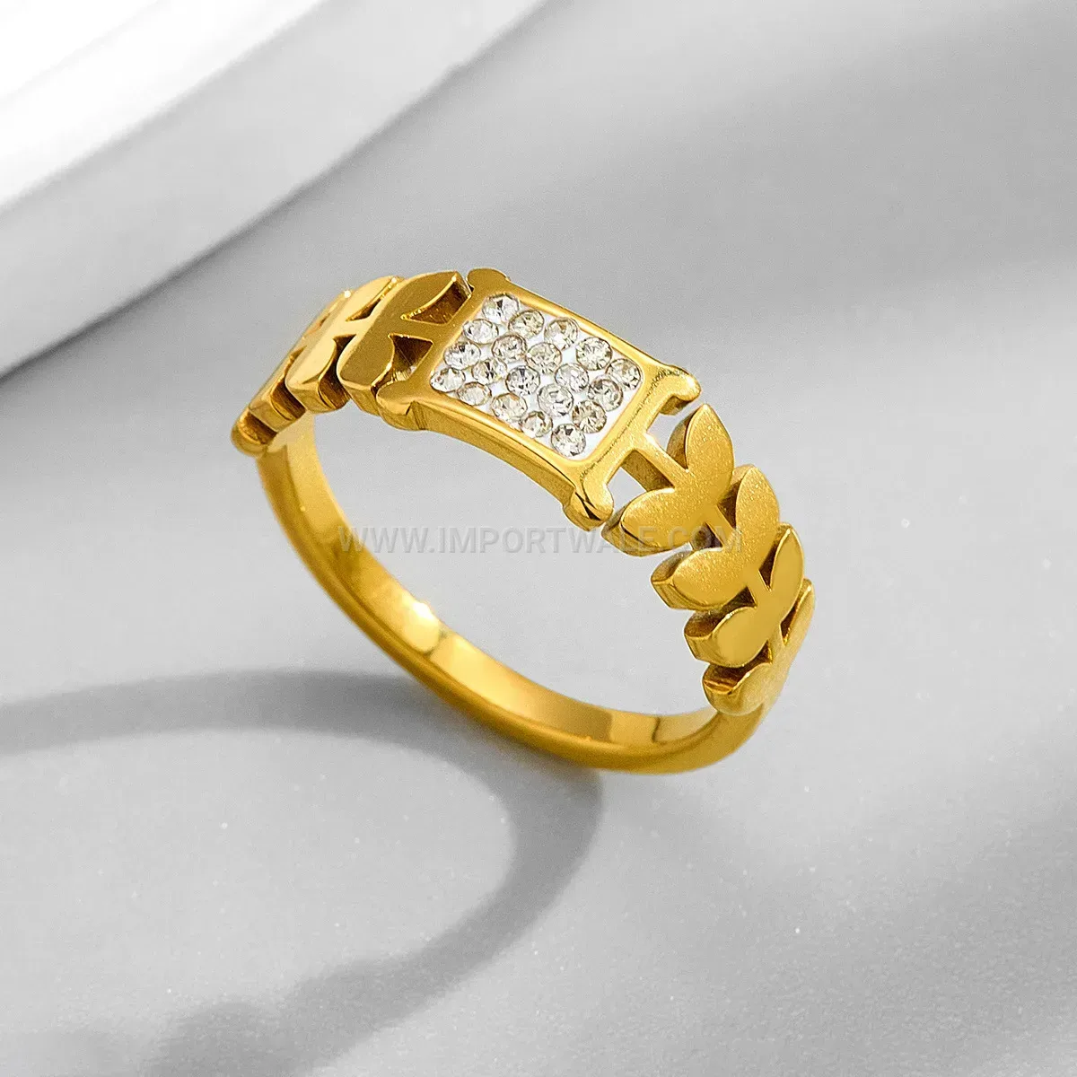 18K Gold Plated Stainless Steel Wheat Spike Zircon Ring