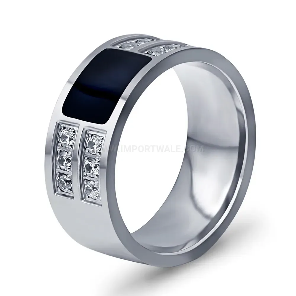 Black Enamel Stainless Steel Ring with Zircon Accent