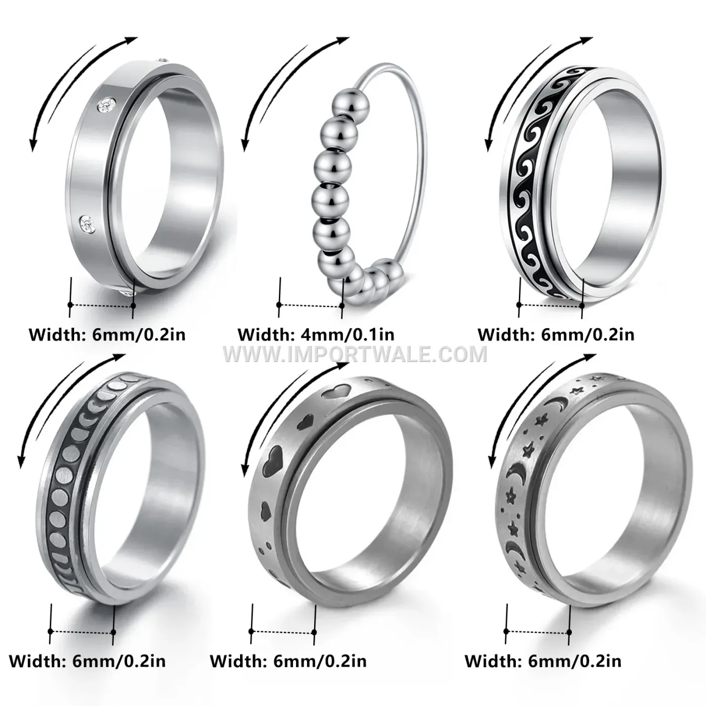 Spinning Heart and Moon Stainless Steel Band Ring