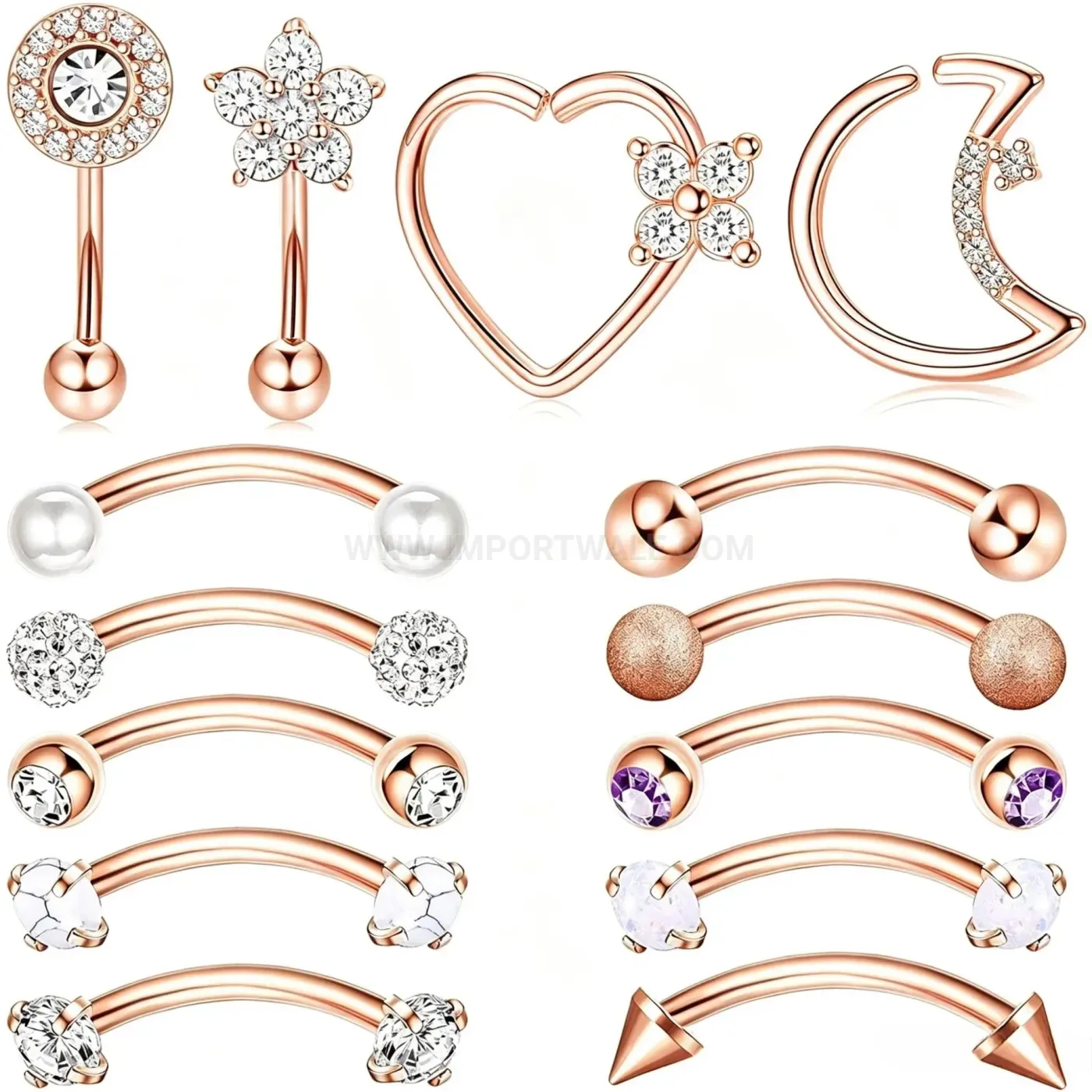 Stylish Curved Stainless Steel Zircon Pearl Body Piercing Jewelry Set