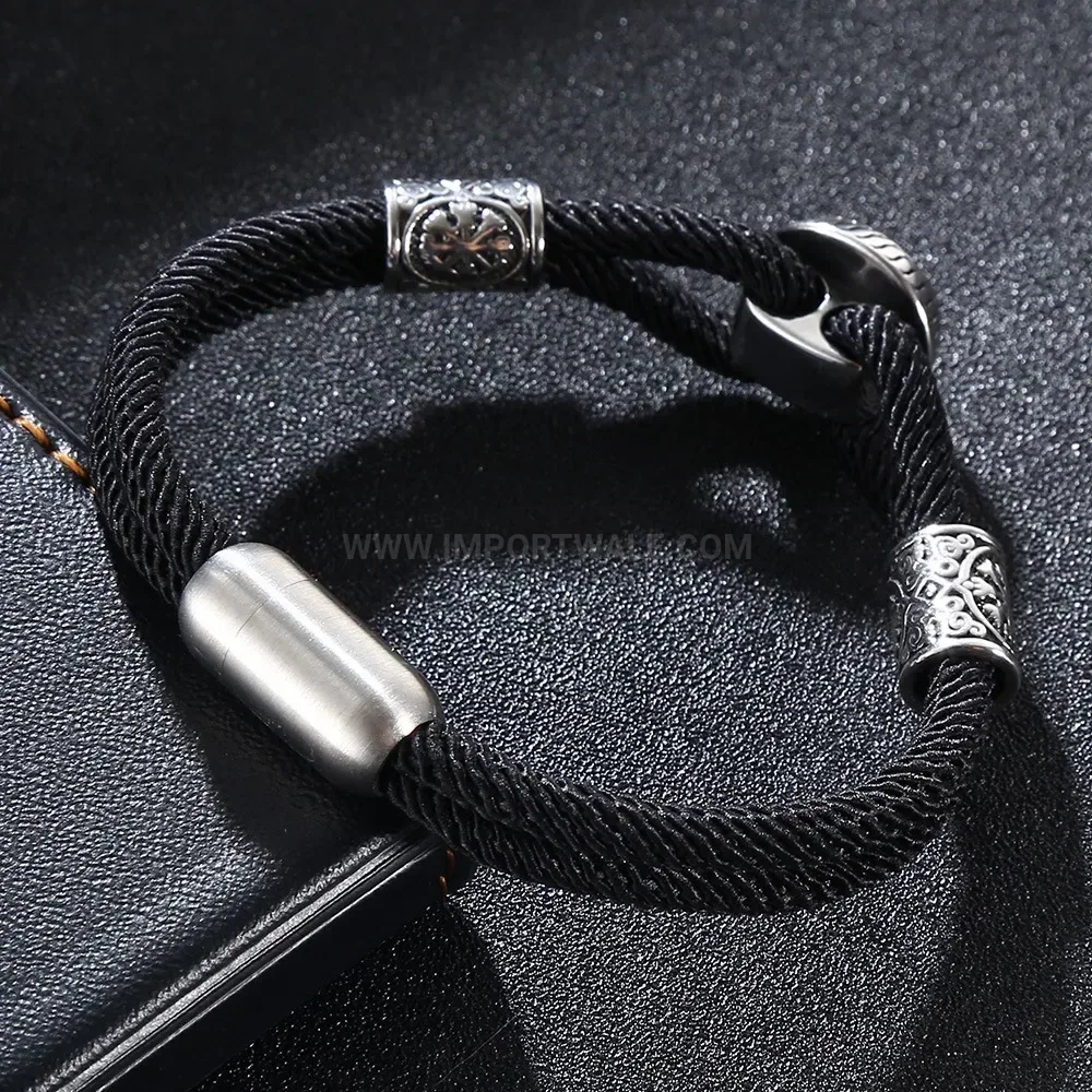 Dual-Strand Woven Leather Stainless Steel Viking Bracelet