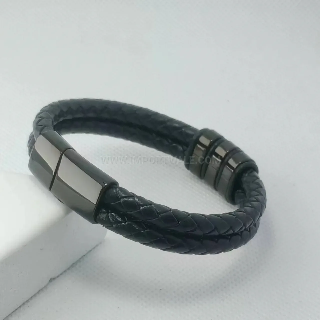 Handwoven Black Leather Bracelet with Polished Stainless Steel Accent