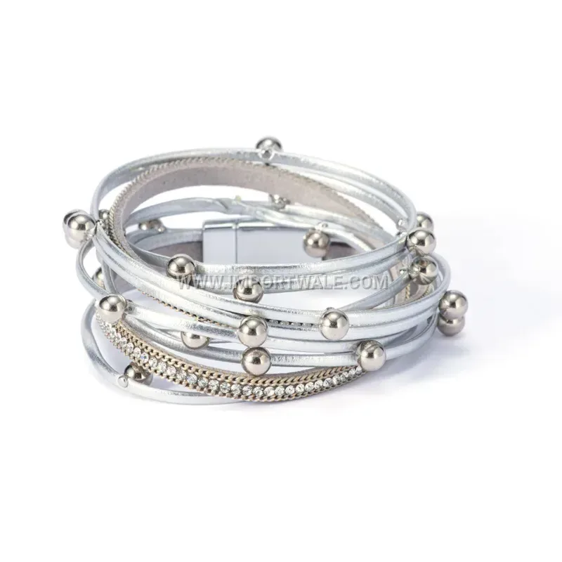 Double Wrap Rhinestone Beaded Leather Bracelet With Magnetic Clasp