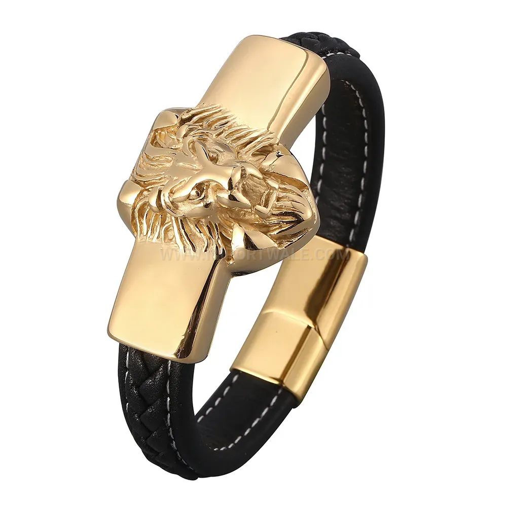 Chic Lion Head Stainless Steel Accent Leather Men Bracelet