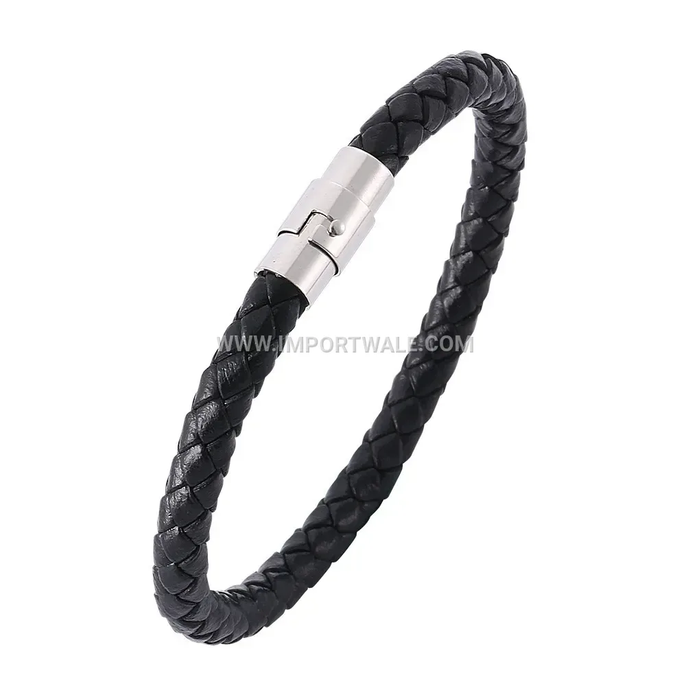 Braided Leather Cuff Bracelet with Metallic Magnetic Clasp