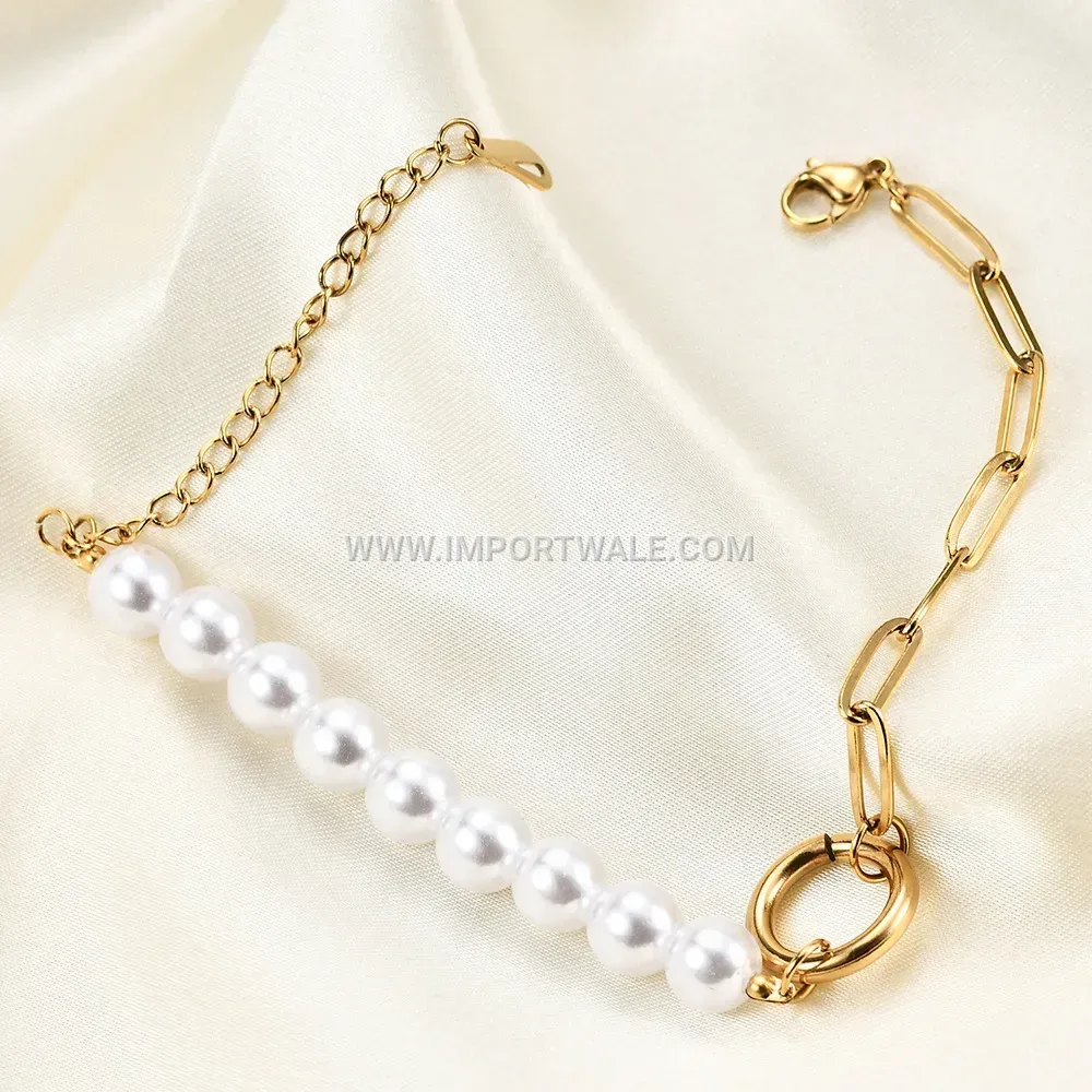 Faux Pearl Safety Pin Chain Stainless Steel Bracelet