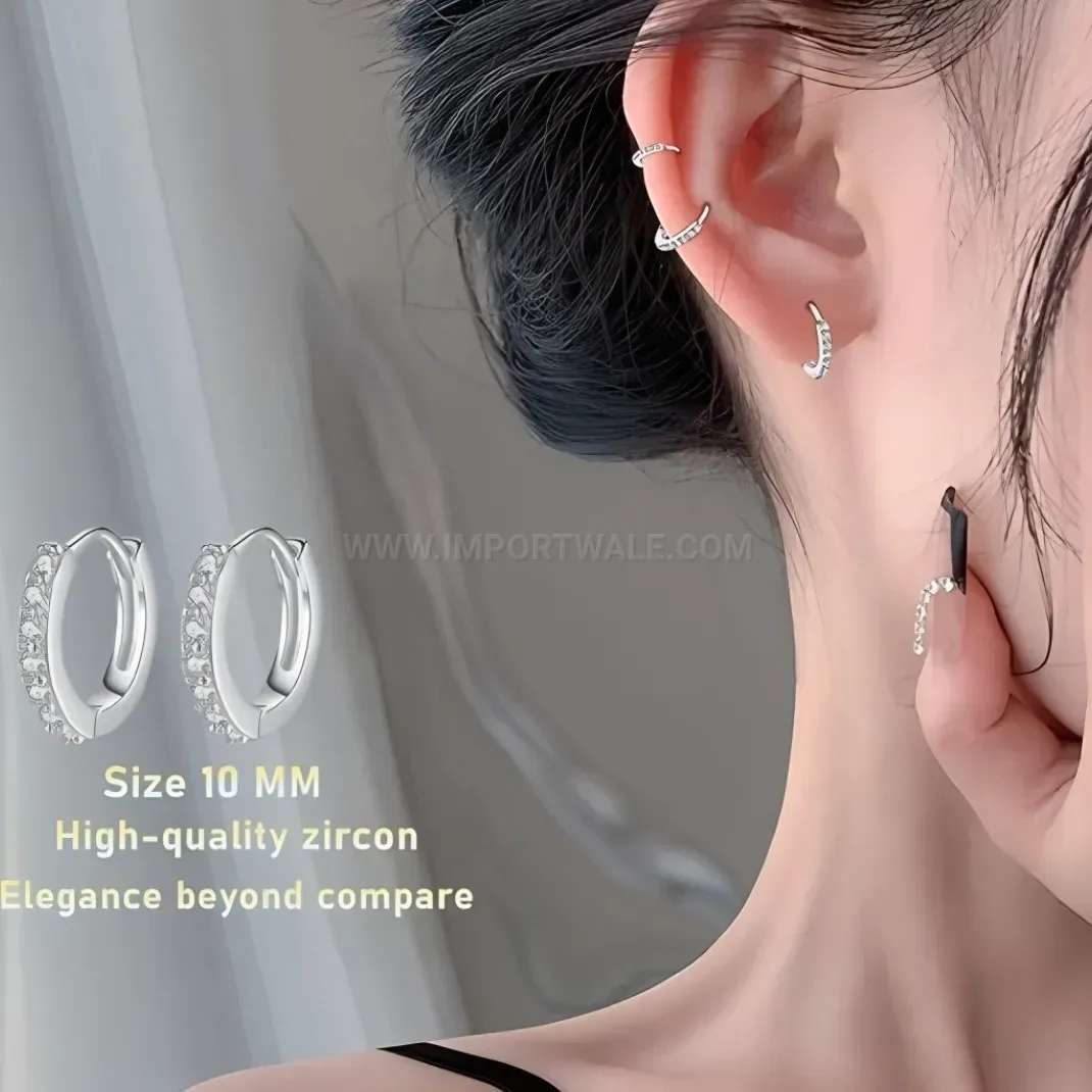Designer Stainless Steel Rhinestone Stud and Plain Hoop Earring Set