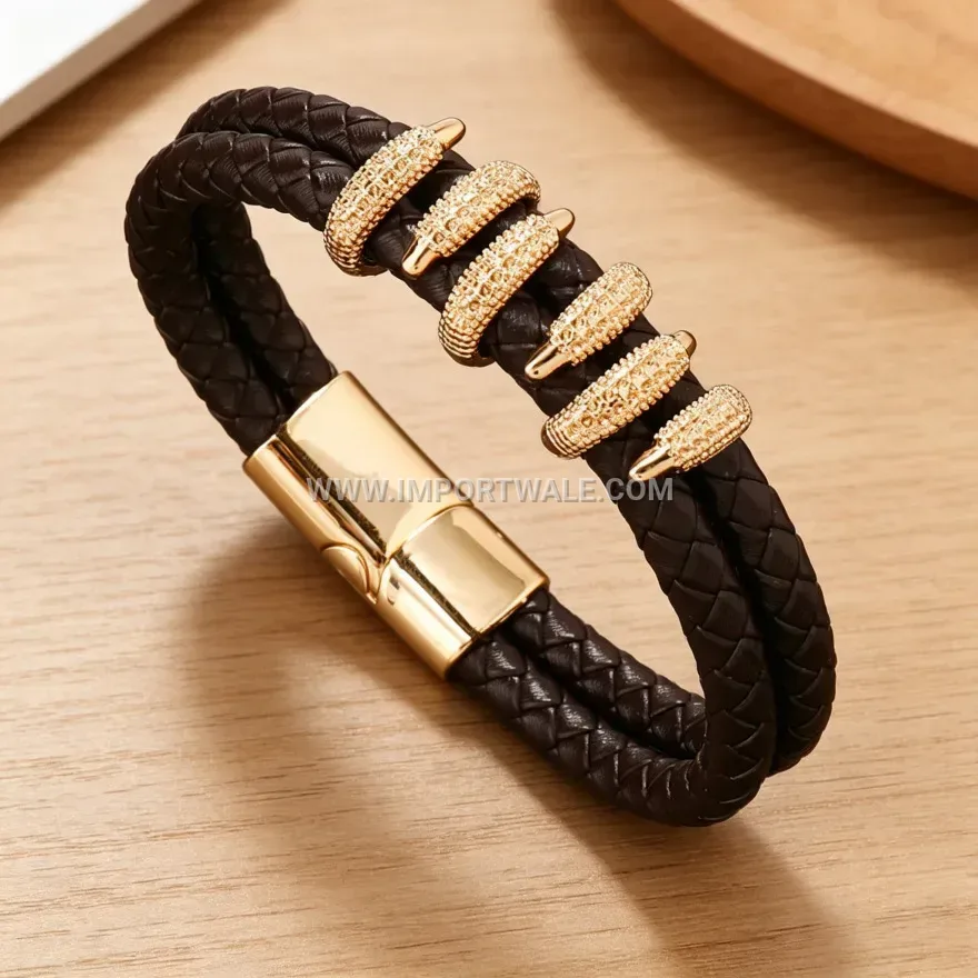 Woven Leather Claw Accent Wristband Bracelet