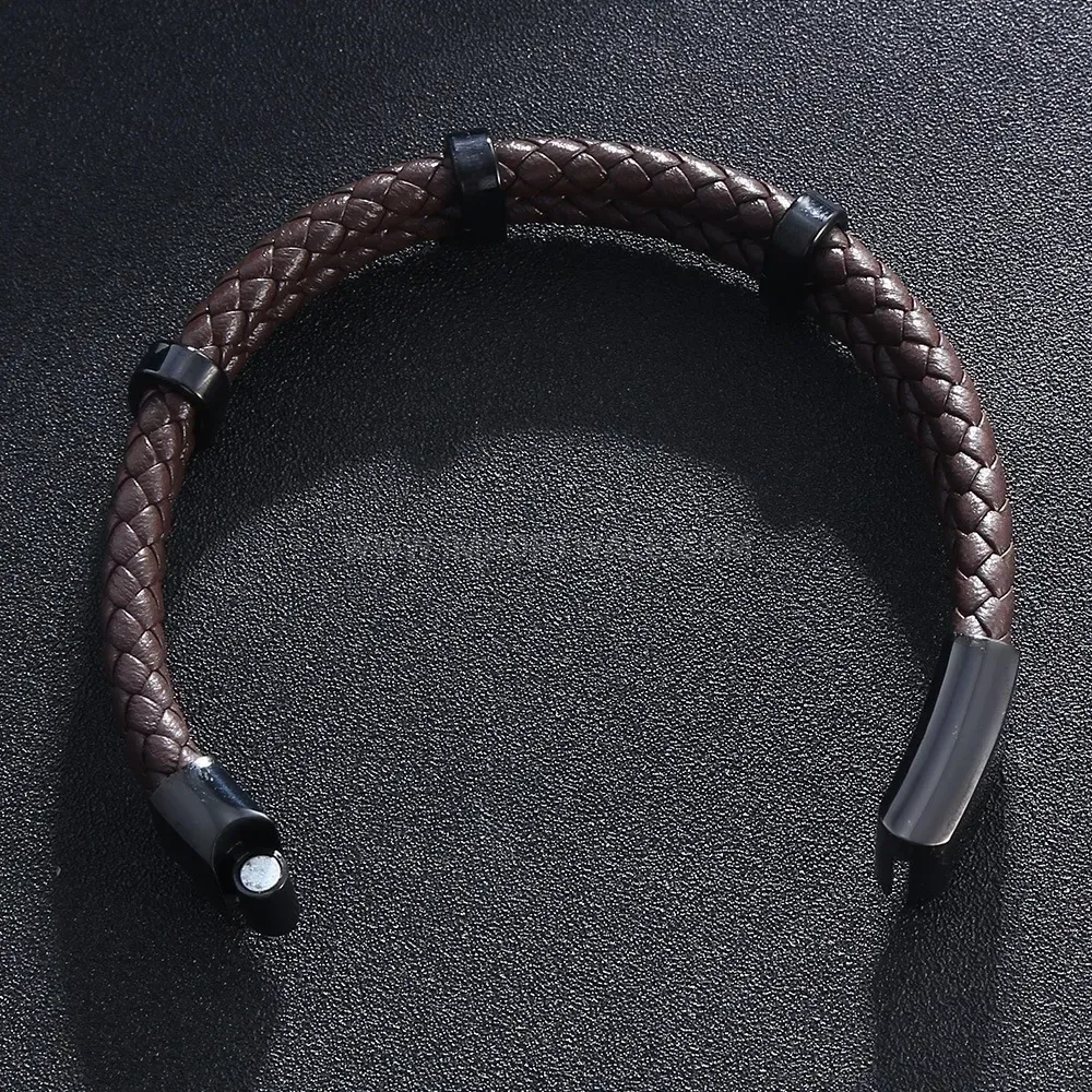 Vintage Braided Leather Bracelet with Stainless Steel Magnetic Clasp