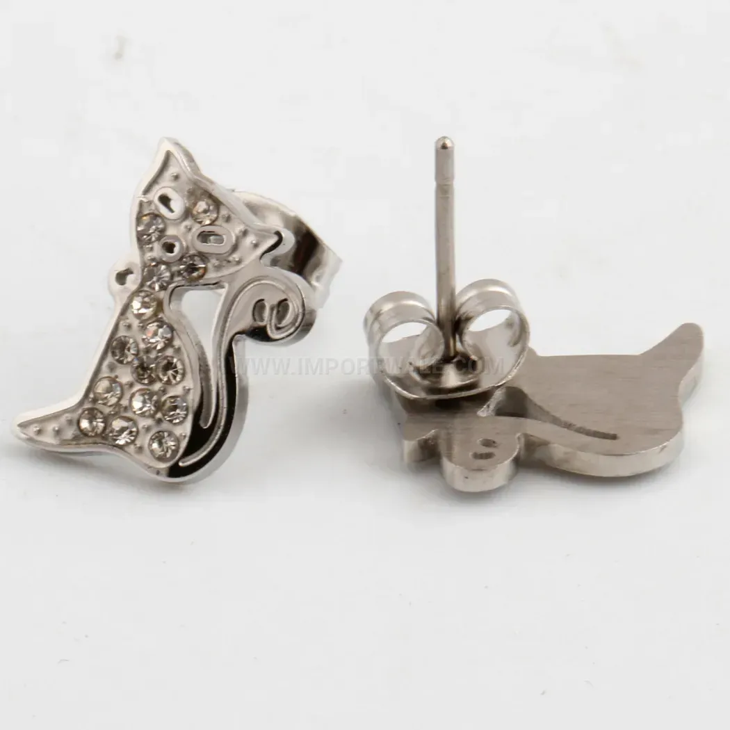 Designer Rhinestone Accent Stainless Steel Cat Stud Earrings