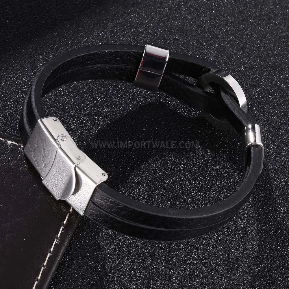 Gemstone Inlaid Leather Stainless Steel Circular Accent Bracelet