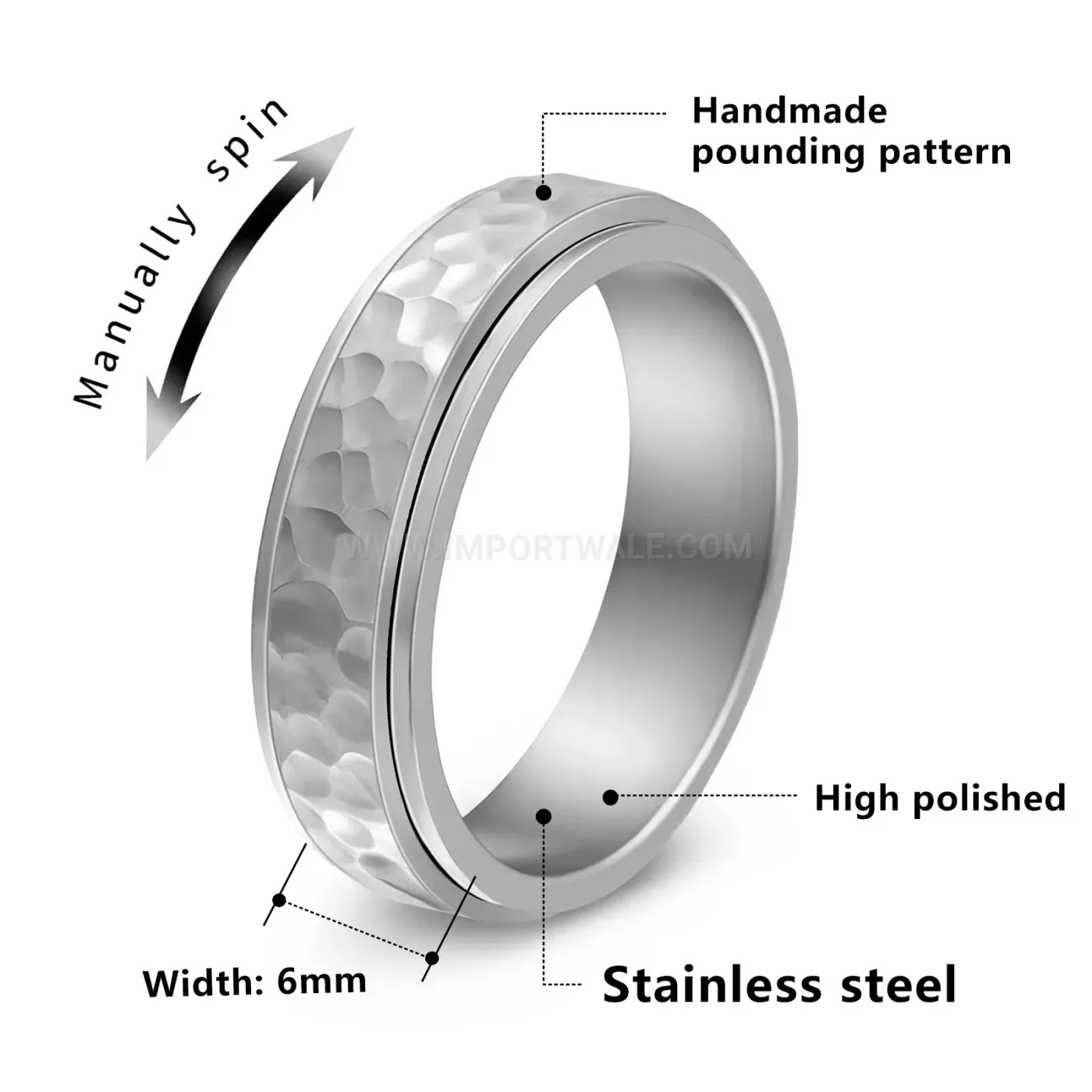 Hammered Stainless Steel Spinning Spinner Band Ring